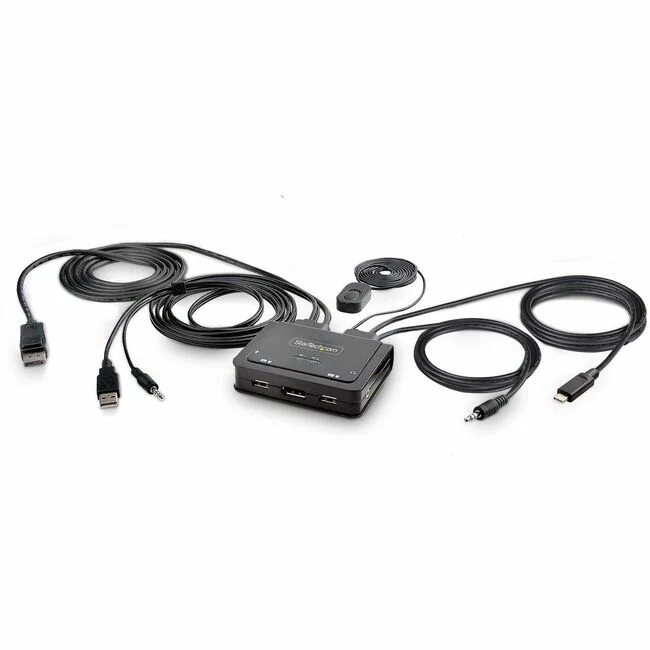 StarTech.com 2-Port Hybrid USB-C DisplayPort Cable KVM Switch, 4K 60Hz, Compact KVM with 6ft/1.8m USB-A & 4ft/1.2m USB-C Integrated Cables - 2-Port Hybrid Cable KVM Switch enables switching of a mouse, keyboard, and a 4K 60Hz DisplayPort display between a