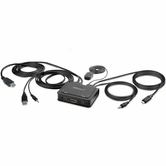 StarTech.com 2-Port Hybrid USB-C HDMI Cable KVM Switch, 4K 60Hz, Compact KVM with 6ft/1.8m USB-A & 4ft/1.2m USB-C Integrated Cables - 2-Port Hybrid Cable KVM Switch enables switching of a mouse, keyboard, and a 4K 60Hz HDMI display between a USB-A/HDMI de