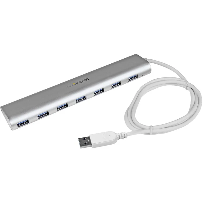 StarTech.com 7 Port Compact USB 3.0 Hub with Built-in Cable - 5Gbps - Aluminum USB Hub - Silver - Add seven USB 3.0 (5Gbps) ports to your MacBook using this silver Apple style hub - 7 Port Compact USB 3.0 Hub with Built-in Cable - Aluminum USB Hub - Silve