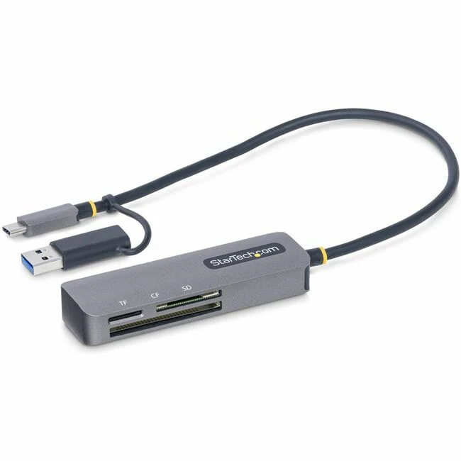 StarTech.com USB 3.0 Multi-Media Memory Card Reader, SD/microSD/CompactFlash, USB-C 5Gbps External Card Reader with Attached USB-A Adapter - USB 3.0 (5Gbps) Multi-Card Reader features 1x SD/1x microSD/1x CompactFlash (CF) drive slot; Simultaneous read/wri