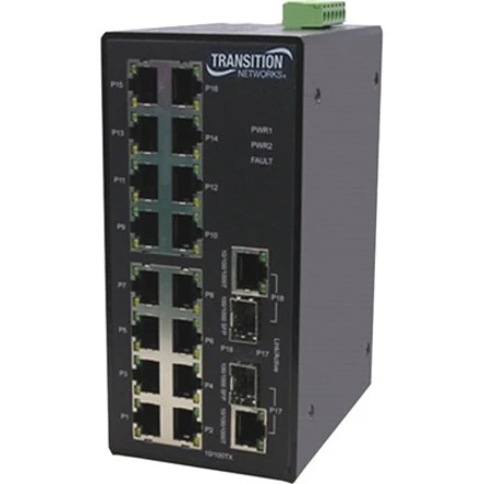 Transition Networks Managed Hardened Fast Ethernet Switch - 16 Ports - Manageable - Gigabit Ethernet, Fast Ethernet - 1000Base-X, 10/100/1000Base-TX - 2 Layer Supported - Modular - 2 SFP Slots - Optical Fiber, Twisted Pair - Rail-mountable, Wall Mountable