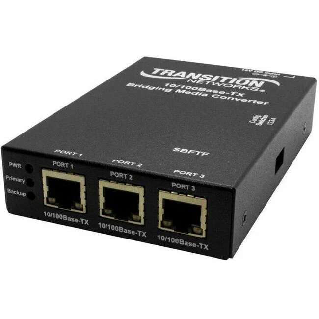 Transition Networks SBFTF1010-130 Transceiver/Media Converter - 3 x Network (RJ-45) - Fast Ethernet - 10/100Base-TX - 100 Mbit/s - 328.08 ft - Power Supply - Standalone, Rack-mountable, Wall Mountable, DIN Rail Mountable, Shelf Mount - TAA Compliant
