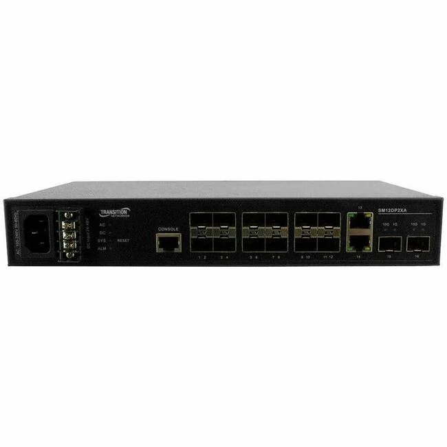 Transition Networks SM12DP2XA Ethernet Switch - 2 Ports - Manageable - 10 Gigabit Ethernet - 10GBase-X, 100/1000Base-FX, 1000Base-X, 10/100/1000Base-TX - Modular - 12 SFP Slots - 24 W Power Consumption - Twisted Pair, Optical Fiber - Lifetime Limited Warr
