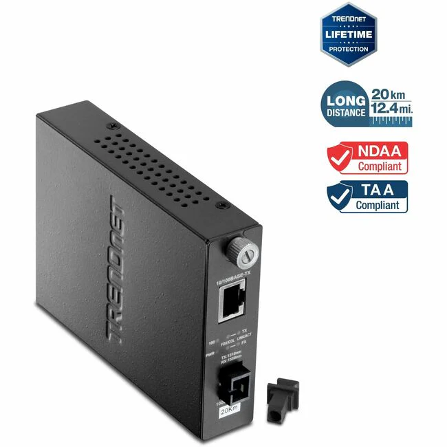 TRENDnet 10/100Mbps TX to 100Base-FX Dual-Wavelength Single-Mode Fiber Media Converter; Use with TFC-110S20D5; Up to 20km (12.4 Miles); Fiber to Ethernet Converter; Lifetime Protection; TFC-110S20D3 - 100Base-TX to 100Base-FX Fiber Converter (20km)