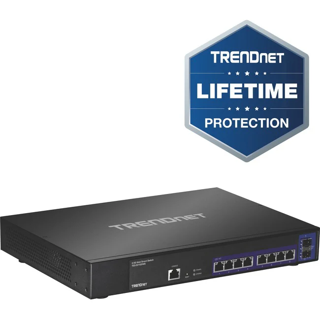 TRENDnet 10-Port 2.5GBASE-T Web Smart Switch; 8 x 2.5GBASE-T RJ-45 Ports; 2 x 10G SFP+ Slots; Lifetime Protection; TEG-30102WS - 10-Port 2.5GBASE-T Web Smart Switch-2 x 10G SFP+ Slots