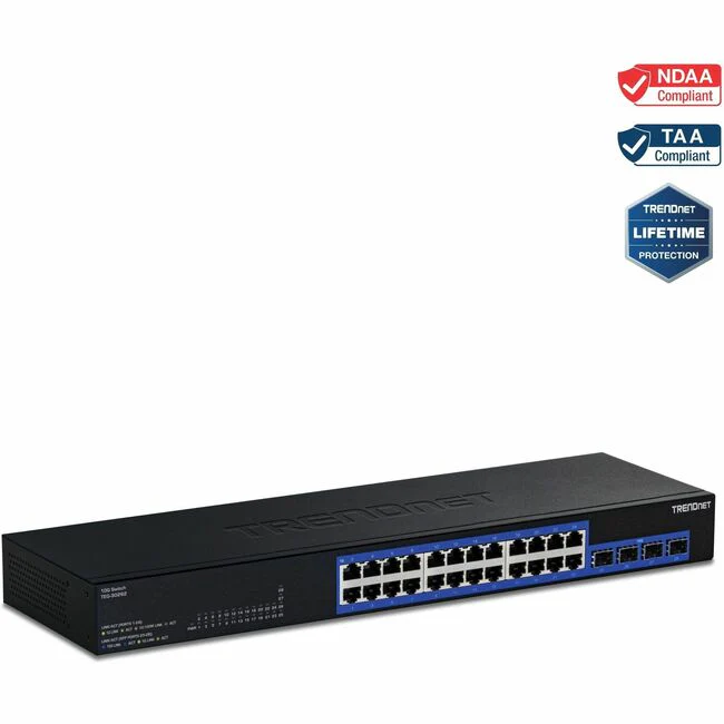 TRENDnet 24-Port Gigabit Switch with 2 X 10G SFP+ Slots; Fanless Design; 19? 1U Rack mountable; TEG-30262 - 24-port Gigabit Switch with 2x 10G SFP+Slots