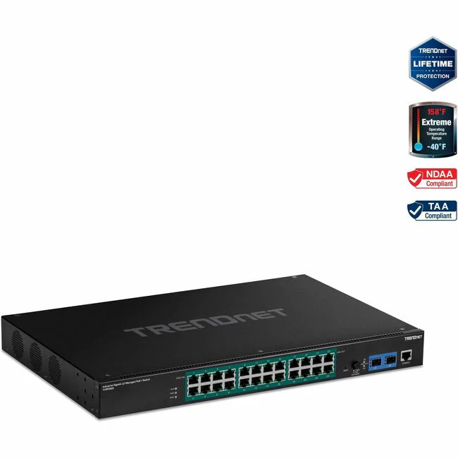 TRENDnet 26-Port Industrial Gigabit L2 Managed PoE+ Switch, TI-RP262i, 1U 19" Rackmount, 24 x Gigabit PoE+ Ports, 2 x SFP Slots (100/1000Base-FX), IP30, VLAN, QoS, 685W PoE Power Budget, Fanless - 26-Port Industrial Gigabit L2 Managed PoE+ Switch