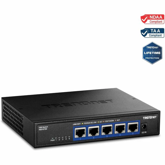 TRENDnet 5-Port 10G Switch, 5 x 10G RJ-45 Ports, 100Gbps Switching Capacity, Supports 2.5G and 5G-BASE-T Connections, Lifetime Protection, Black, TEG-S750 - 5 Ports - 10 Gigabit Ethernet - 10GBase-T - 2 Layer Supported - Power Adapter - 11.90 W Power Cons