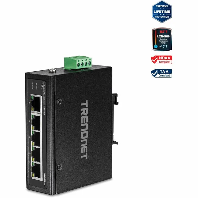 TRENDnet 5-Port Industrial Unmanaged Fast Ethernet DIN-Rail Switch, 5 x Fast Ethernet Ports, IP30, Operating Temperature Range of (- 40 - 75 °C (- 40 - 167 °F), Lifetime Protection, Black, TI-E50 - 5-Port Industrial Fast Ethernet DIN-Rail Switch