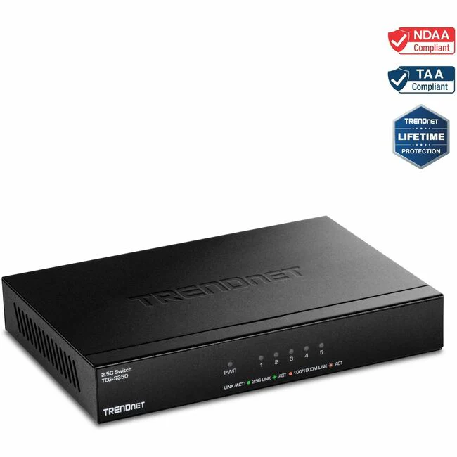 TRENDnet 5-Port Unmanaged 2.5G Switch, 5 x 2.5GBASE-T Ports, TEG-S350, 25Gbps Switching Capacity, Fanless, Wall Mountable, Black - 5 Ports - 2 Layer Supported - Twisted Pair - Wall Mountable - Lifetime Limited Warranty