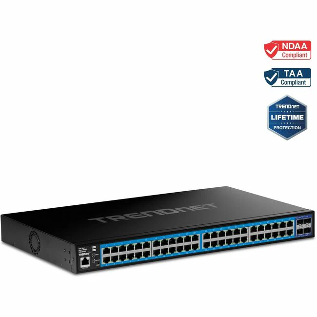 TRENDnet 52-Port Gigabit Web Smart Switch with 10G SFP+ Ports - 48 Ports - Manageable - Gigabit Ethernet, 10 Gigabit Ethernet - 1000Base-T, 10GBase-X - TAA Compliant - 3 Layer Supported - Modular - 20.85 W Power Consumption - Twisted Pair, Optical Fiber -