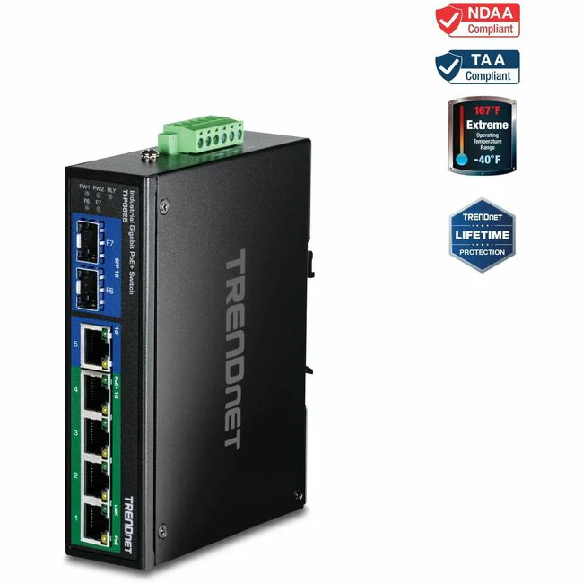 TRENDnet 6-Port Hardened Industrial Unmanaged Gigabit 10/100/1000Mbps DIN-Rail Switch, 4 x Gigabit PoE+ Ports, 2 x Dedicated SFP Slots, Lifetime Protection, Black, TI-PG62B - 6-Port Hardened Industrial Unmanaged Gigabit 10/100/1000Mbps DIN-Rail Switch w/