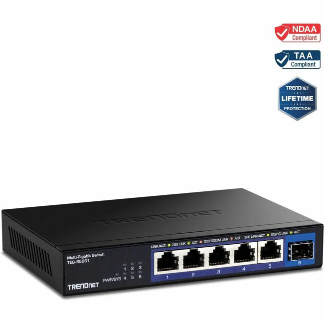 TRENDnet 6-Port Unmanaged 2.5G Switch with 10G SFP+ Port, TEG-S5061, 5 x 2.5GBASE-T Ports, 45Gbps Switching Capacity, Fanless, Wall Mountable, Lifetime Protection Black - TRENDnet 6-Port Unmanaged 2.5G Switch with 10G SFP+ Port ,TEG-S5061