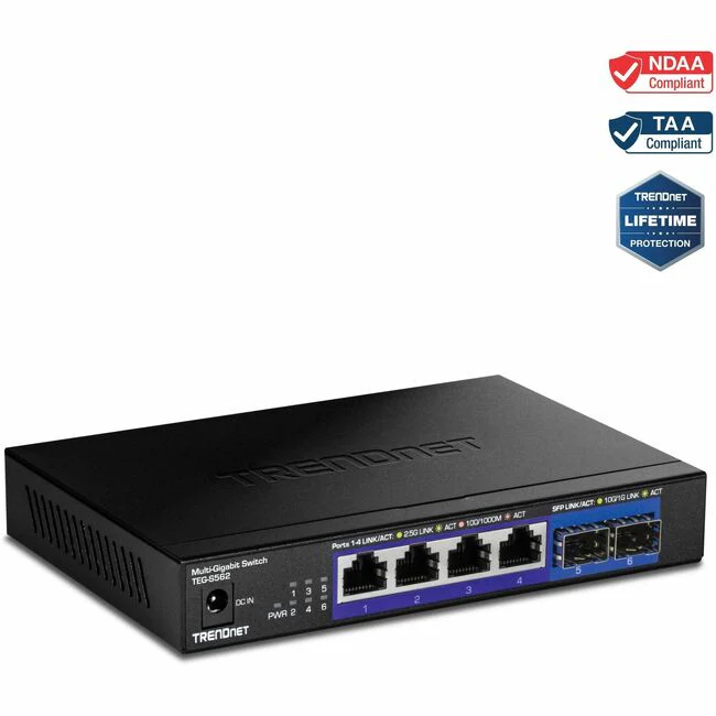 TRENDnet 6-Port Unmanaged Multi-Gig Switch, 4 x 2.5GBASE-T Ports, 2 x 10G SFP+ Ports Fanless, Compact Desktop Design, Metal Housing, Network Ethernet Switch, Lifetime Protection, Black, TEG-S562 - 4 Ports - 2.5 Gigabit Ethernet, 10 Gigabit Ethernet - 2.5G