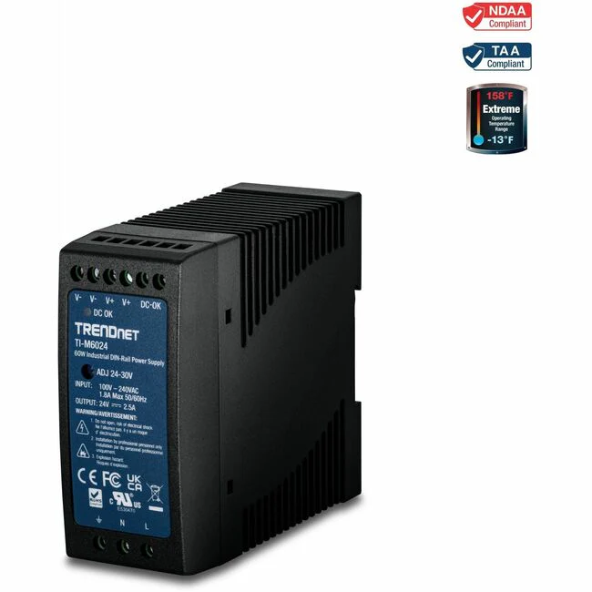TRENDnet 60 W Single Output Industrial DIN-Rail Power Supply, Universal AC Input, Extreme -20 to 70 °C (-4 to 158 °F) Operating Temp, TI-M6024 - 60 W Single Output Industrial DIN-Rail Power Supply