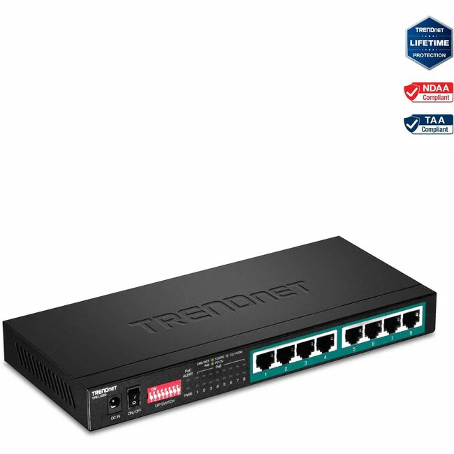 TRENDnet 8-Port Gigabit Long Range Poe+ Switch; TPE-LG80;65W Poe Budget; Ethernet/Network Switch; Long-Range Poe+ Extends Range Up to 200M (656 ft.); 16 Gbps Switching Capacity; Lifetime Protection - 8-Port Gigabit Long Range PoE+ Switch