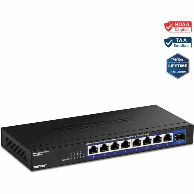 TRENDnet 9-Port Unmanaged 2.5G Switch with 10G SFP+ Port, TEG-S5091, 8 x 2.5GBASE-T Ports, 60Gbps Switching Capacity, Fanless, Wall Mountable,Lifetime Black - TRENDnet TEG-S5091, 9-Port Unmanaged 2.5G Switch with 10G SFP+ Port