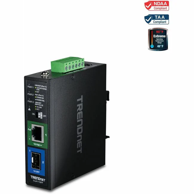 TRENDnet Hardened Industrial SFP to Gigabit UPoE Media Converter; IP30 Rated Housing; Includes DIN-rail & Wall Mounts; Operating Temp. -40 to 75 ?C (-40 to 167 ?F); TI-UF11SFP - TRENDnet Industrial SFP to Gigabit UPoE Media Converter