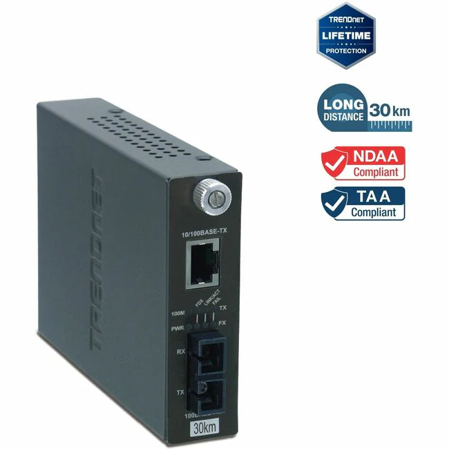 TRENDnet Intelligent 10/100Base-TX to 100Base-FX Single Mode SC Fiber Media Converter (30Km /18.6 Miles);Full-Duplex Mode; RJ-45 port; Fiber to Ethernet Converter; Lifetime Protection; TFC-110S30i - 100Base-TX to 100Base-FX Fiber Converter (30km)