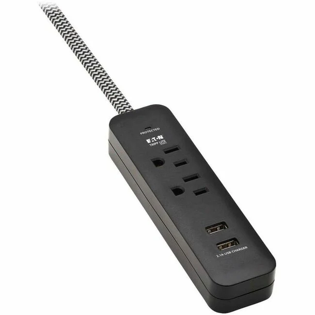 Tripp Lite by Eaton 2-Outlet Surge Protector with 2 USB Ports (2.1A Shared) - 6 ft. Cord 5-15P Plug 450 Joules Black - 2 x NEMA 5-15/20R, 2 x USB - 1800 VA - 450 J - 120 V AC Input