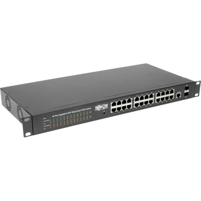 Tripp Lite by Eaton 24 10/100/1000Mbps Port Gigabit L2 Web-Smart Managed PoE+ Switch 300W 2 Dedicated Gigabit SFP Slots 52 Gbps Web Interface - 24 x Gigabit Ethernet Network, 2 x Gigabit Ethernet Uplink - Manageable - Optical Fiber, Twisted Pair - Modular