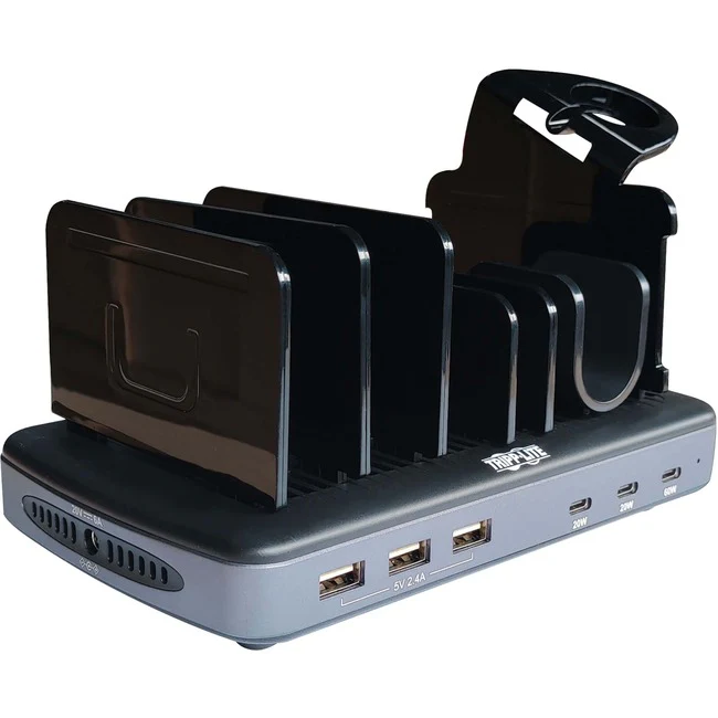 Tripp Lite by Eaton 6-Port USB Charging Station - 60W USB-C, 2x 20W USB-C, 3x USB-A, PD Charging, Device and Apple Watch Storage - 120 W - 120 V AC, 230 V AC Input - 5 V DC/30 A, 9 V DC, 12 V DC, 15 V DC, 20 V DC Output - Black