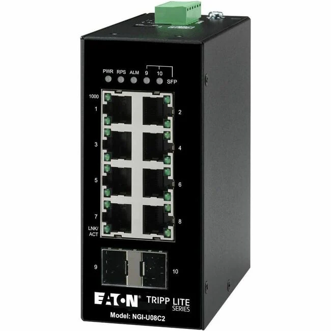 Tripp Lite by Eaton 8-Port Unmanaged Industrial Gigabit Ethernet Switch 10/100/1000 Mbps 2 GbE SFP Slots -40Â&deg; to 75Â&deg;C DIN Mount - TAA Compliant - 8 Ports - Gigabit Ethernet - 10/100/1000Base-T, 1000Base-X - TAA Compliant - 2 Layer Supported - Mo
