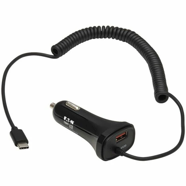 Tripp Lite by Eaton Dual-Port USB Car Charger with 30W Charging - USB-C (18W) QC 3.0 USB-A (12W) Coiled 6 ft. (1.83 m) USB-C Cable Black - 12 V DC Input - 3.6 V DC/3 A, 6 V DC, 9 V DC, 12 V DC Output - Black