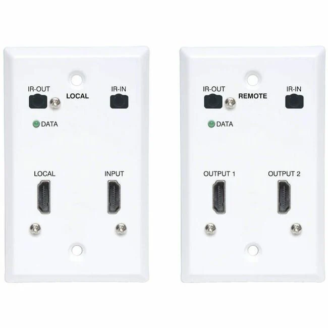 Tripp Lite by Eaton HDMI over Cat6 Extender Kit Wallplate 4K 60Hz HDR Dual Output IR PoC 230 ft. TAA - 1 Input Device - 1 Output Device - 230 ft Range - 2 x Network (RJ-45) - 1 x HDMI In - 2 x HDMI Out - 4K UHD - 3840 x 2160 - Twisted Pair - Category 6 -