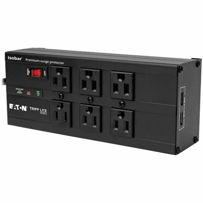 Tripp Lite by Eaton Isobar 6-Outlet Surge Protector 10 ft. (3.05 m) Cord Right-Angle Plug 3840 Joules 2 USB Ports Metal Housing - 6 x NEMA 5-15R, 2 x USB - 1440 VA - 3840 J - 120 V AC Input