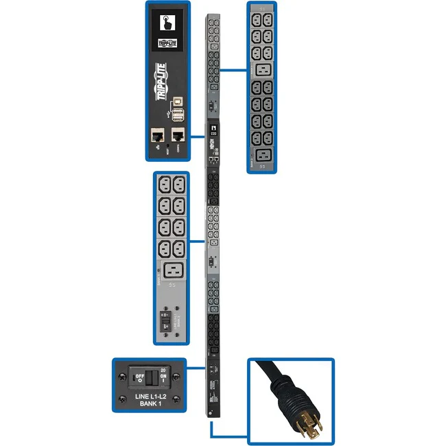 Tripp Lite by Eaton PDU 10kW 200-240V 3PH Monitored PDU - LX Interface Gigabit 48 Outlets L21-30P Input LCD 1.8 m Cord 0U 1.8 m Height TAA - Monitored - NEMA L21-30P - 6 x IEC 60320 C19, 42 x IEC 60320 C13 - 230 V AC - Network (RJ-45) - 0U - Vertical - Ra