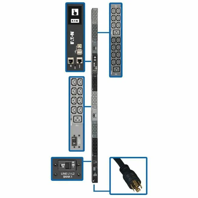 Tripp Lite by Eaton PDU 10kW 200-240V 3PH Monitored PDU - LX Interface Gigabit 48 Outlets NEMA L21-30P LCD 3 m Cord 0U 1.8 m Height TAA - Monitored - NEMA L21-30P - 6 x IEC 60320 C19, 42 x IEC 60320 C13 - 230 V AC - Network (RJ-45) - 0U - Vertical - Rack