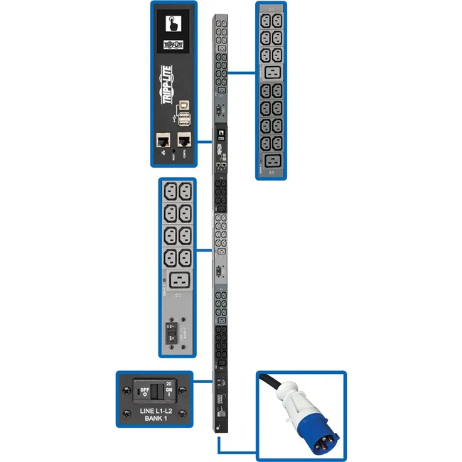 Tripp Lite by Eaton PDU 14.5kW 200-240V 3PH Monitored PDU - LX Interface Gigabit 48 Outlets IEC 309 60A Blue Input LCD 3 m Cord 0U 1.8 m Height TAA - IEC 60309 60A BLUE (3P+E) - 6 x IEC 60320 C19, 42 x IEC 60320 C13 - 230 V AC - Network (RJ-45) - 0U - Ver