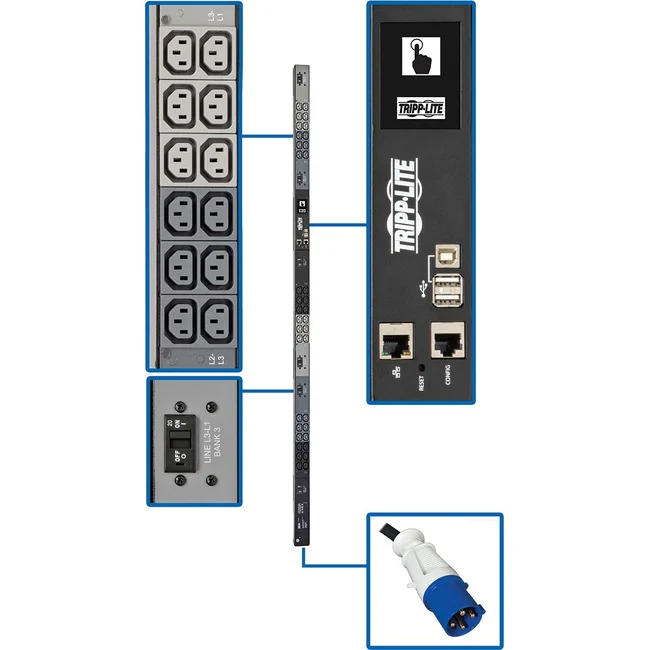 Tripp Lite by Eaton PDU 18.7kW 200-240V 3PH Monitored PDU - LX Interface Gigabit 36 C13 Outlets IEC 309 60A Blue Input LCD 1.8 m Cord 0U 1.8 m Height TAA - Monitored - IEC 60309 60A BLUE (3P+E) - 36 x IEC 60309 C13 - 230 V AC - Network (RJ-45) - 0U - Vert