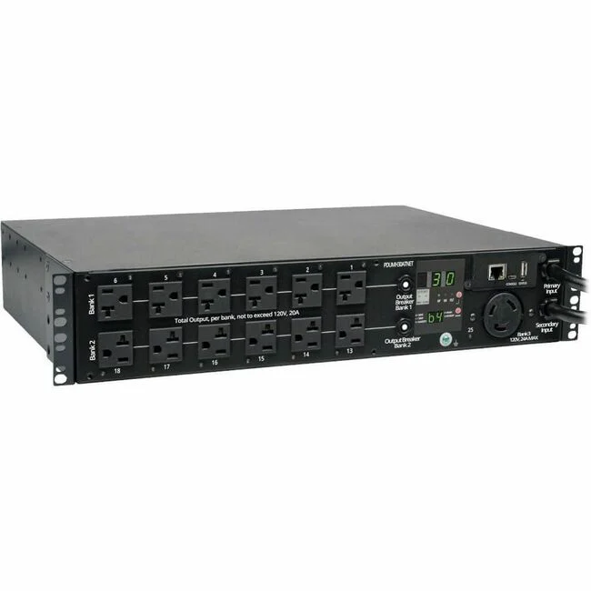 Tripp Lite by Eaton PDU 2.9kW Single-Phase Switched Automatic Transfer Switch PDU 2 120V L5-30P Inputs 24 5-15/20R & 1 L5-30R Outputs 2U TAA - 24 x NEMA 5-15/20R, 1 x NEMA L5-30R - 2UHorizontal Rackmount