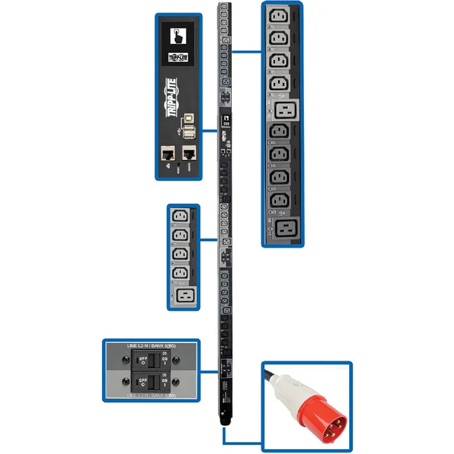 Tripp Lite by Eaton PDU 28.8kW 220-240V 3PH Switched PDU - LX Interface Gigabit 30 Outlets IEC 309 63A Red 380-415V Input LCD 1.8 m Cord 0U 1.8 m Height TAA - Switched - IEC 60309 63A Red 3P+N+E - 24 x IEC 60320 C13, 6 x IEC 60320 C19 - 380 V AC, 400 V AC