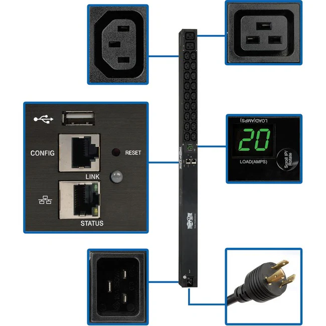 Tripp Lite by Eaton PDU 3.7kW Single-Phase 208/230V Monitored PDU - LX Platform 18 C13 2 C19 Outlets C20 / L6-20P Inputs 0U 900mm Height TAA - Monitored - NEMA L6-20P, IEC 60320 C20 - 2 x IEC 60320 C19, 18 x IEC 60320 C13 - 230 V AC - 0U - Vertical - Rack