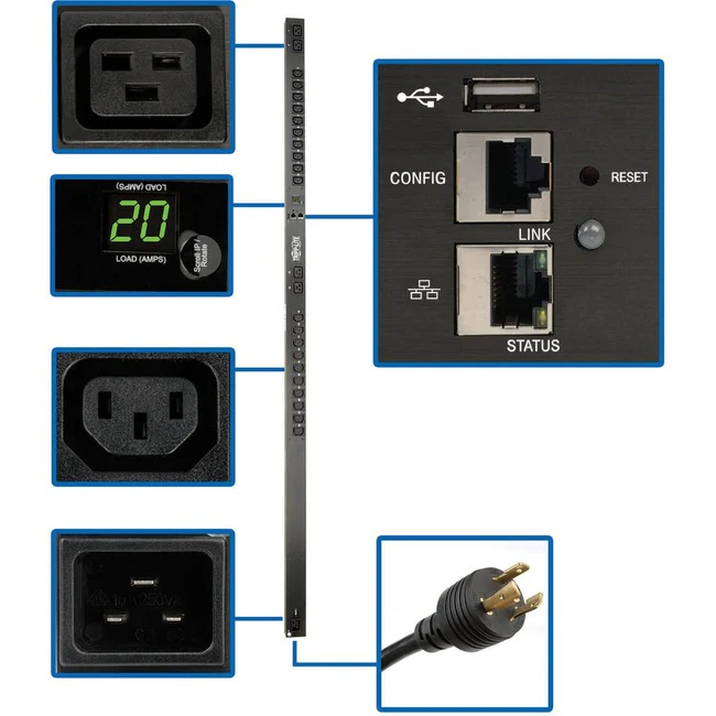 Tripp Lite by Eaton PDU 3.7kW Single-Phase 208/230V Monitored PDU - LX Platform 20 C13 4 C19 Outlets C20 Input with L6-20P Adapter 0U 1778mm Height TAA - Monitored - 20 x IEC 60320 C13, 4 x IEC 60320 C19 - 230 V AC - Network (RJ-45) - 0U - Vertical - Moun