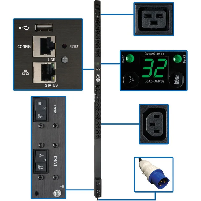 Tripp Lite by Eaton PDU 7.7kW Single-Phase Monitored PDU LX Interface 200-240V Outlets (36 C13/6 C19) IEC 309 32A Blue 10 ft. (3.05 m) Cord 0U 1.8m/70 in. Height TAA - Monitored - IEC 60309 32A BLUE (2P+E) - 6 x IEC 60320 C19, 36 x IEC 60320 C13 - 230 V A