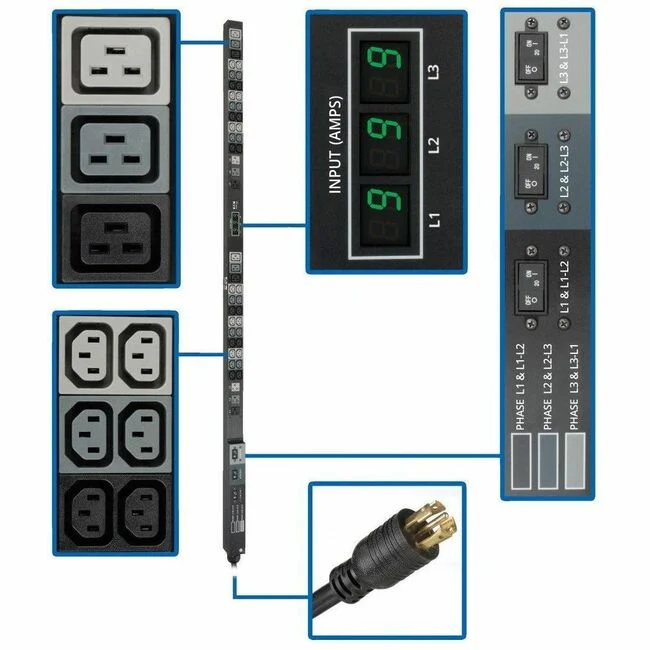 Tripp Lite by Eaton PDU 8.6kW 3-Phase Local Metered PDU 208/120V Outlets (36 C13 6 C19 6 5-15/20R) 208V L21-30P 6 ft. (1.83 m) Cord 0U Vertical TAA - 6 x NEMA 5-15/20R, 6 x IEC 60320 C19, 36 x IEC 60320 C13 - 8.60 kVA - Vertical Rackmount"