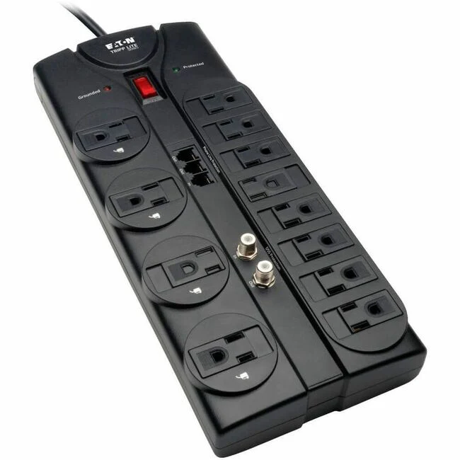 Tripp Lite by Eaton Protect It! 12-Outlet Surge Protector 8 ft. (2.43 m) Cord 2880 Joules Tel/Modem/Coaxial Protection - 12 x NEMA 5-15R - 1875 VA - 2880 J - 120 V AC Input - Phone/Fax/Modem/DSL, Coaxial Cable Line