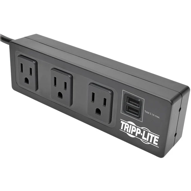 Tripp Lite by Eaton Protect It! 3-Outlet Surge Protector with Mounting Brackets 10 ft. Cord 510 Joules 2 USB Charging Ports Black Housing - 3 x NEMA 5-15R, 2 x USB - 510 J - 120 V AC Input - 120 V AC, 5 V DC Output