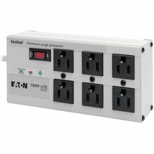 Tripp Lite Isobar 6-Outlet Surge Protector, 6 ft. Cord with Right-Angle Plug, 3300 Joules, Diagnostic LEDs, Metal Housing - 6 x NEMA 5-15R - 2350 J - 120 V AC Input - 120 V AC Output - Cable TV/Satellite, Fax/Modem/Phone