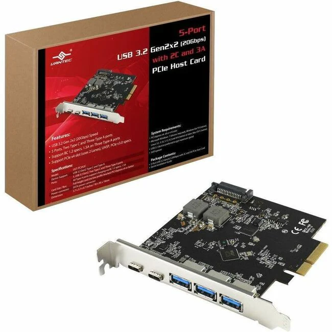 Vantec 5-Port USB 3.2 Gen2x2 (Total 20Gbps) With 2C And 3A PCIe Host Card - PCI Express 2.0 x4 - Plug-in Card - 5 USB Port(s) - UASP Support - PC, Linux