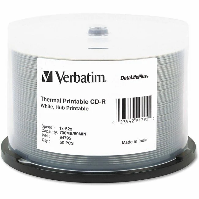 Verbatim CD-R 700MB 52X DataLifePlus White Inkjet Printable, Hub Printable - 50pk Spindle - Printable - Inkjet Printable
