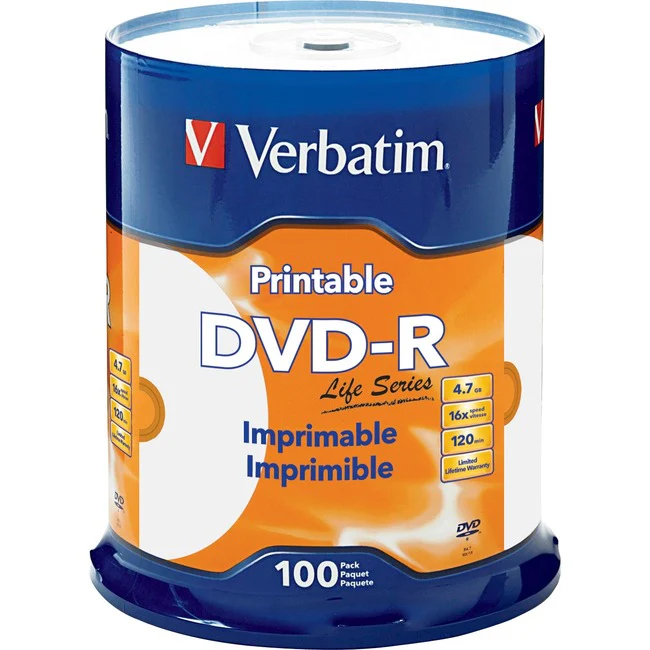 Verbatim DVD-R 4.7GB 16X Life Series White Inkjet Printable, Hub Printable - 100pk Spindle - 120mm - 2 Hour Maximum Recording Time