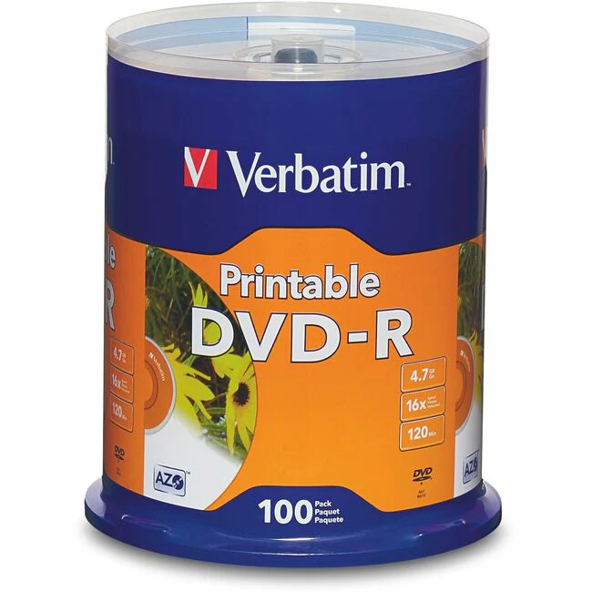 Verbatim DVD Recordable Media - DVD-R - 16x - 4.70 GB - 100 Pack - 120mm - Printable
