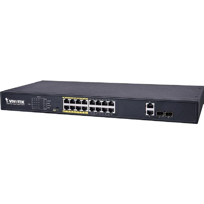 Vivotek 16xFE PoE + 2xGE Combo Unmanaged Switch - 18 Ports - Gigabit Ethernet, Fast Ethernet - 10/100/1000Base-T, 100/1000Base-X, 10/100Base-T - TAA Compliant - 2 Layer Supported - Modular - 2 SFP Slots - 250 W PoE Budget - Twisted Pair, Optical Fiber - P