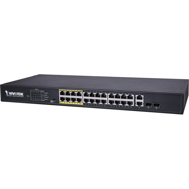 Vivotek 24xFE PoE + 2xGE Combo Unmanaged Switch - 24 Ports - Gigabit Ethernet - 10/100/1000Base-T, 10/100Base-T, 1000Base-X - TAA Compliant - 2 Layer Supported - Modular - 2 SFP Slots - 370 W PoE Budget - Twisted Pair, Optical Fiber - 24 Month Limited War