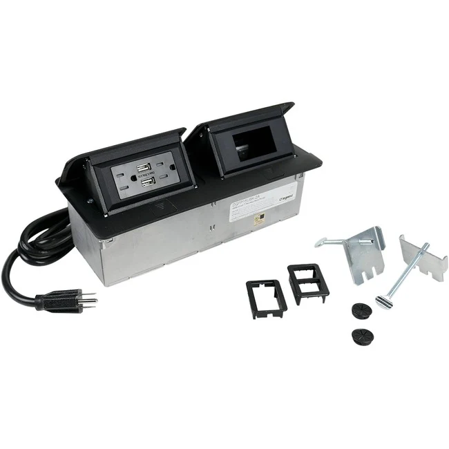 Wiremold Cord Ended deQuorum Dual Flip-Up Unit with USB - 15 A Rectangular Tabletop - TAA Compliant